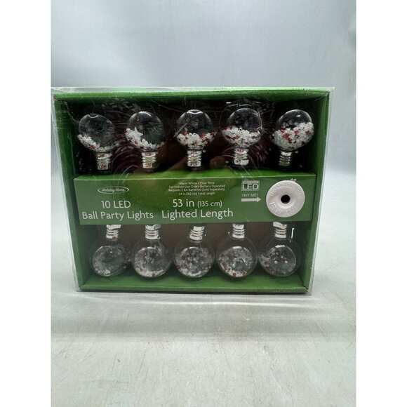 Holiday Home 10 LED Ball Party Lights Warm White Clear Wire Indoor Battery 53" - Picture 1 of 7